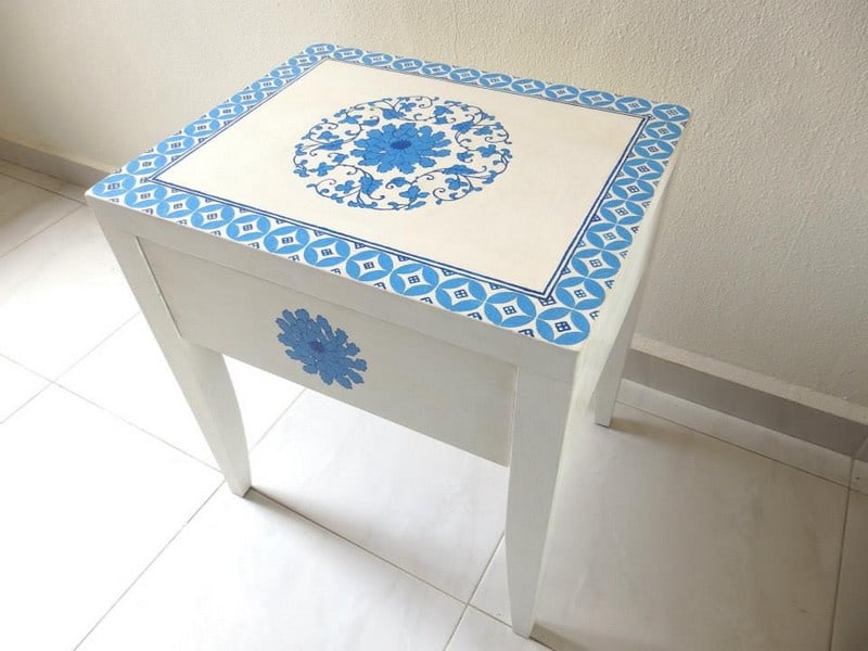 Hand-painted vintage recycled furniture with retro patterns at Art from Junk studio Singapore