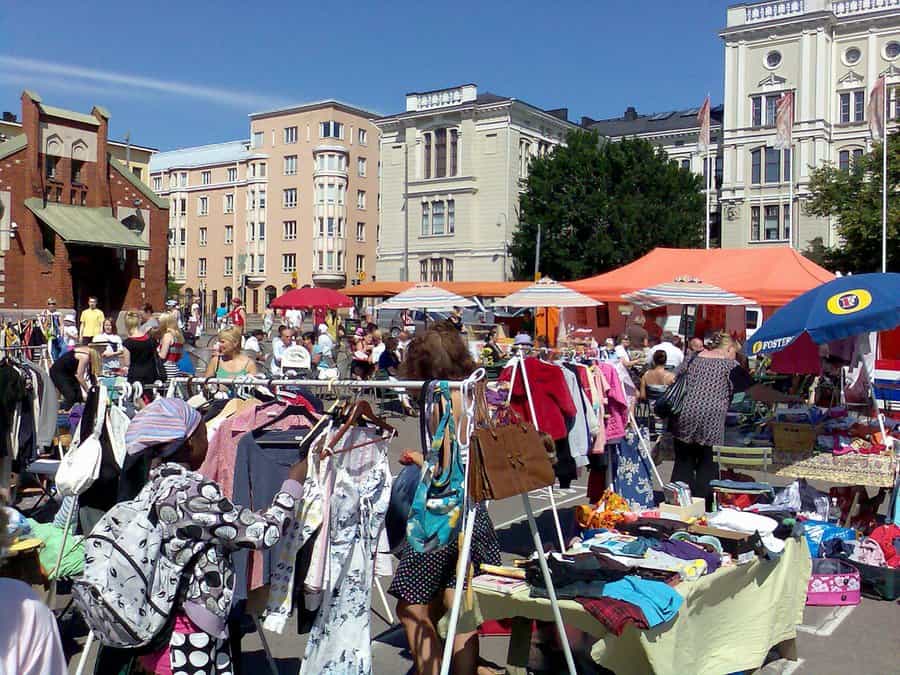 Hietalahti flea market Helsinki vendor stall with vintage homewares and collectibles