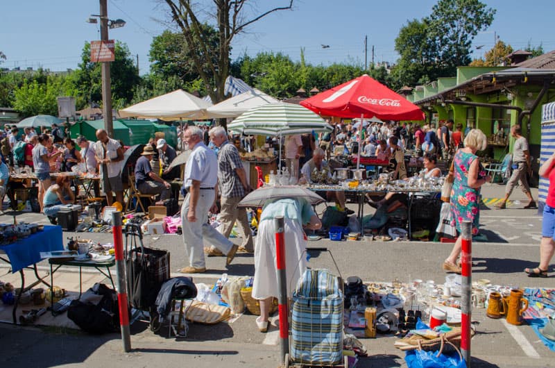 Rows of flea market stalls at the Plac Targowy Unitarg in Krakow