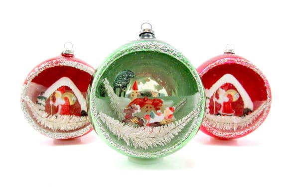 Close-up of a diorama bauble showing intricate miniature decorations inside hollowed glass