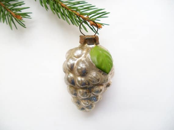 Group of vintage German Kugel ornaments in gold and green grape shapes