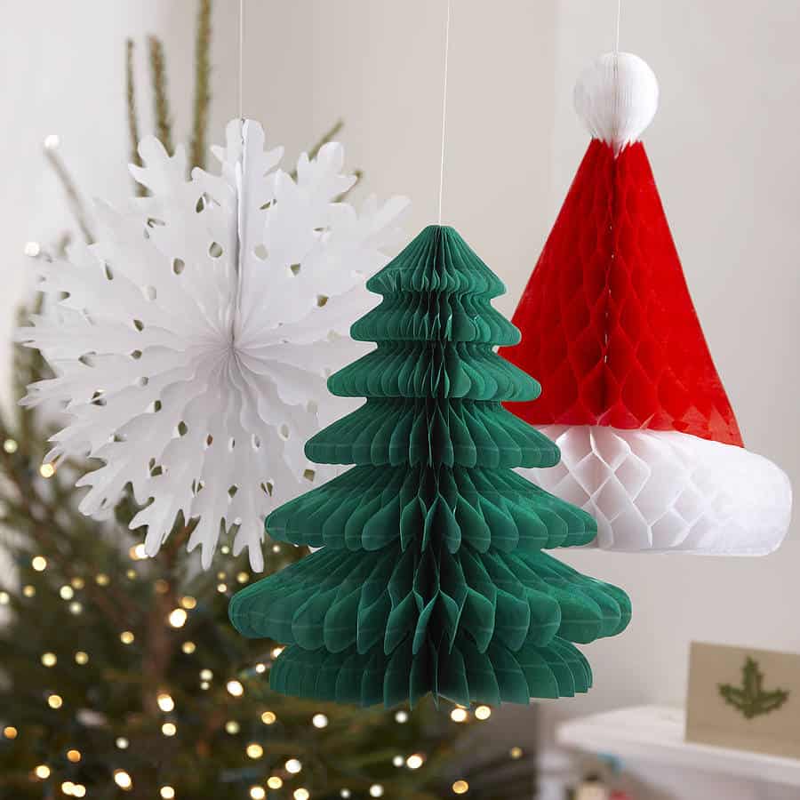 Multicoloured paper honeycomb Christmas decorations in various sizes