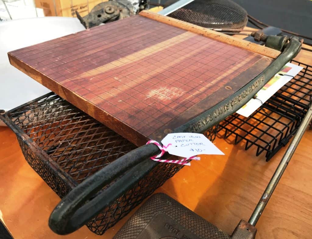 Vintage Burke and James photo paper cutter at Caesar Creek Flea Market vendor stall