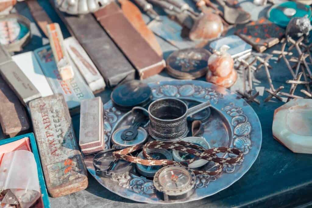 Vintage clothing and retro items for sale at the Spīķeri Flea Market in Riga