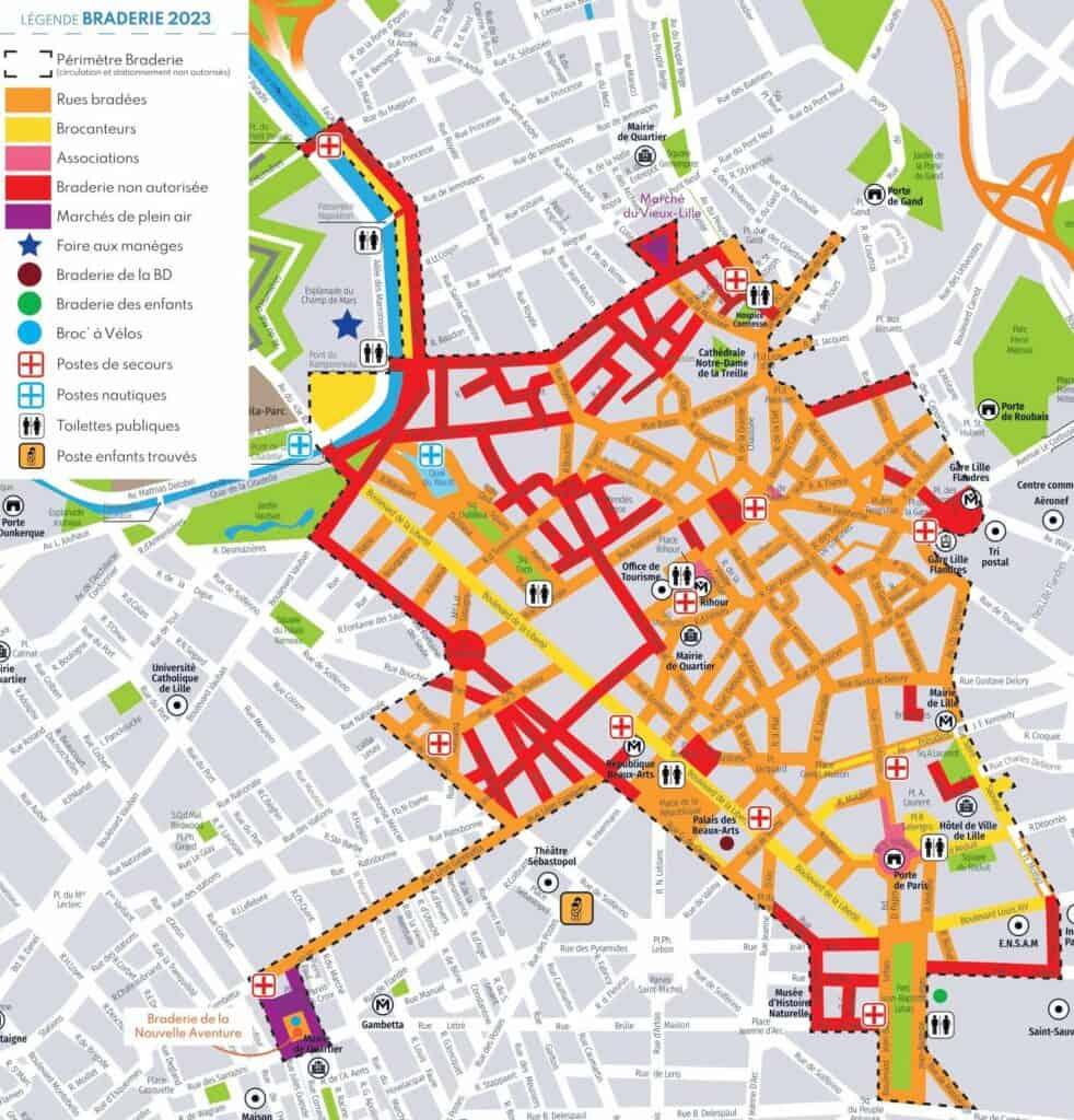 Official map of the Grande Braderie de Lille showing antique dealer zones and event perimeter